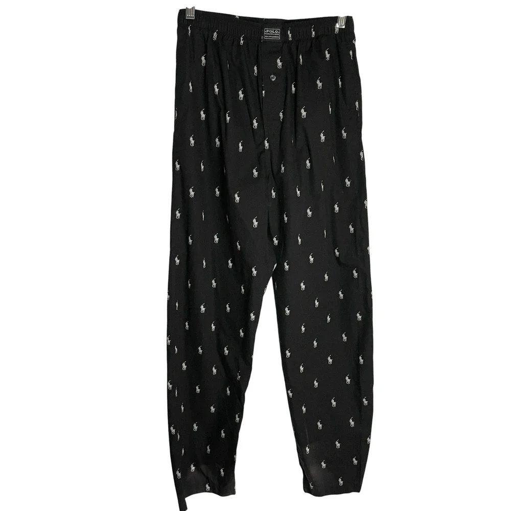 Polo Ralph Lauren Mens AOP Lounge Pajama Pants Size S Black Cotton Polo Logo
